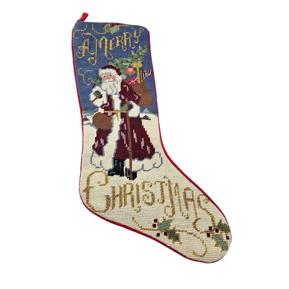 Vintage 90s Needlepoint Merry Christmas Santa Claus Stocking Classic Traditional
